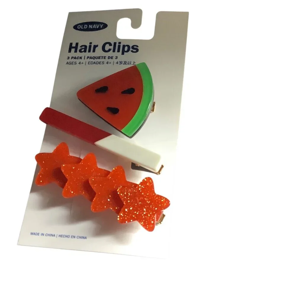 Old Navy‎ Kids 3-Pack Hair Clips With Watermelon & Glitter Star Designs NEW